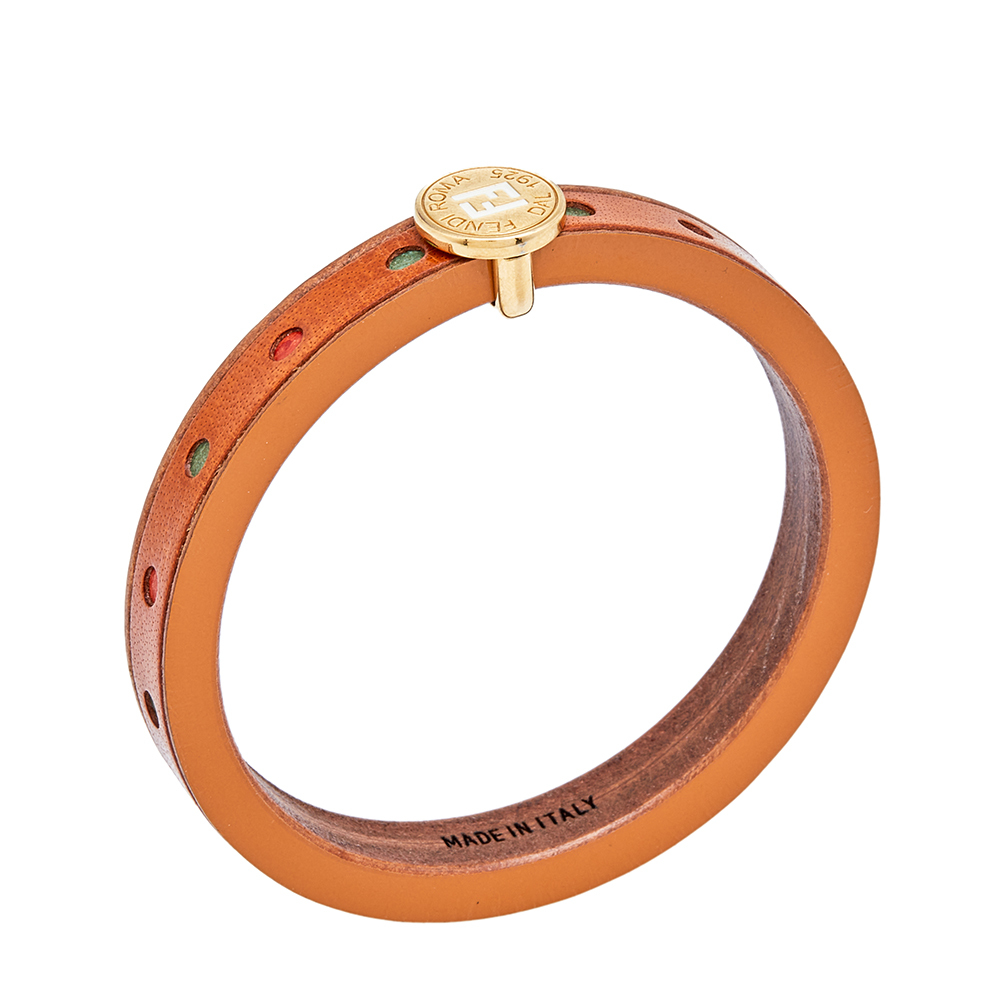 FENDI Wood Leather Multi Color Gold Tone Metal Bangle Bracelet - Picture 2 of 8